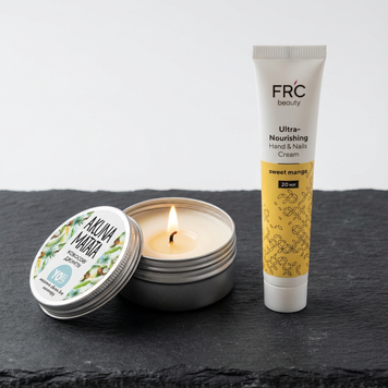 Масажна свічка Кокосові джунглі та крем для рук та нігтів FRC Beauty Sweet Mango 20 мл 25078 фото